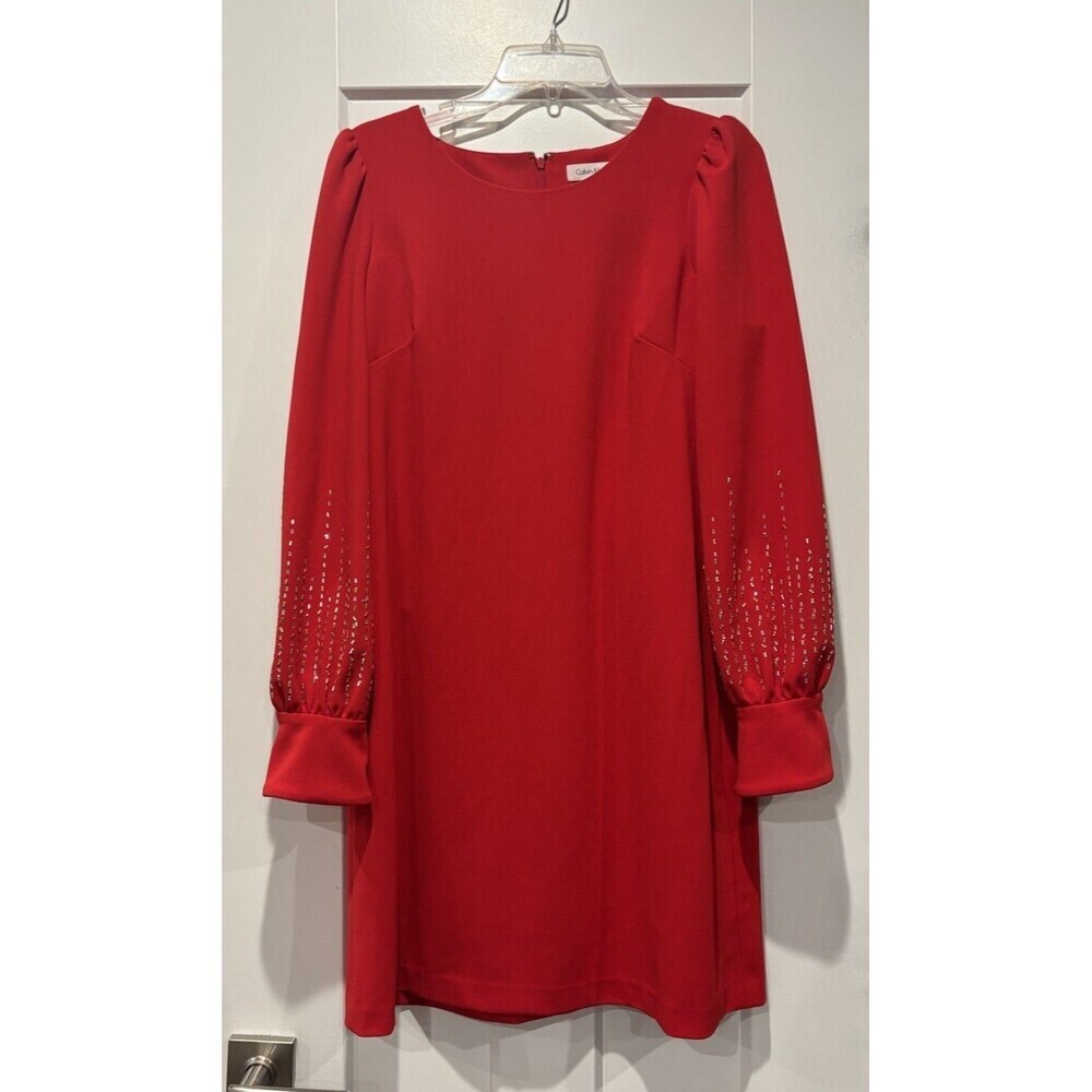 Calvin Klein Red Dress Size 12 Round Neck Long Puff Sleeve With Embellishments